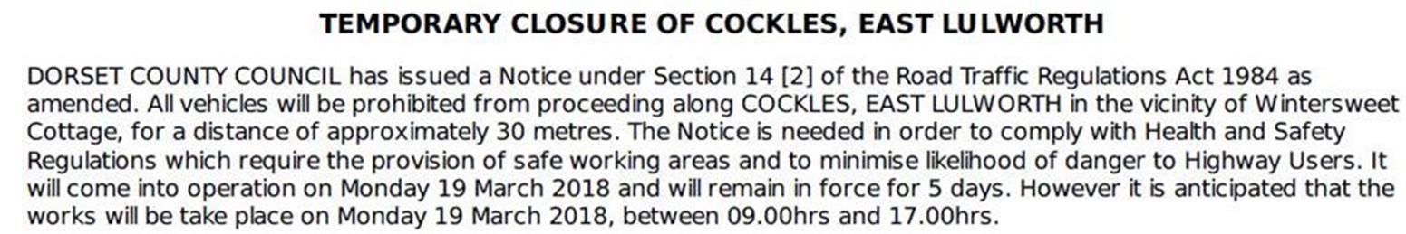  - Temporary Closure of Cockles